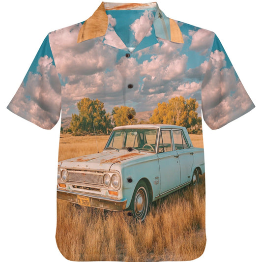Shirt with a vintage car and landscape print on a white background