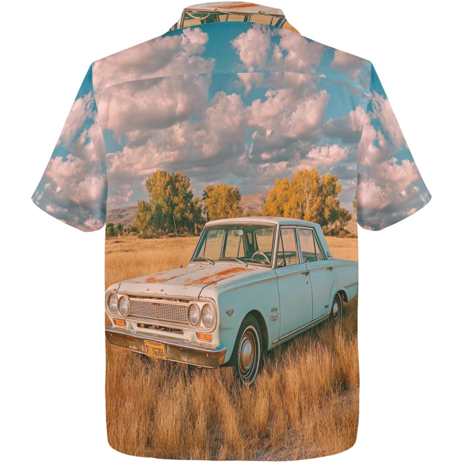 Shirt with a vintage car and landscape print on a white background