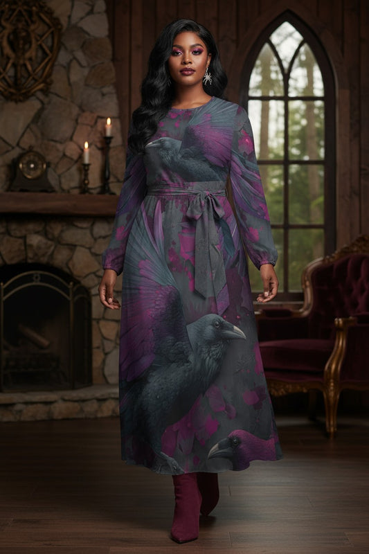 A woman modeling a long-sleeve midi dress with a raven print, standing in a gothic-style room with a stone fireplace and arched window.