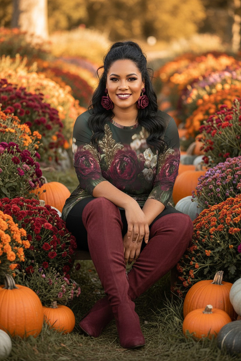 A woman sits outdoors in a pumpkin patch surrounded by mums, wearing a dark floral long-sleeve top, burgundy pants, and burgundy boots.