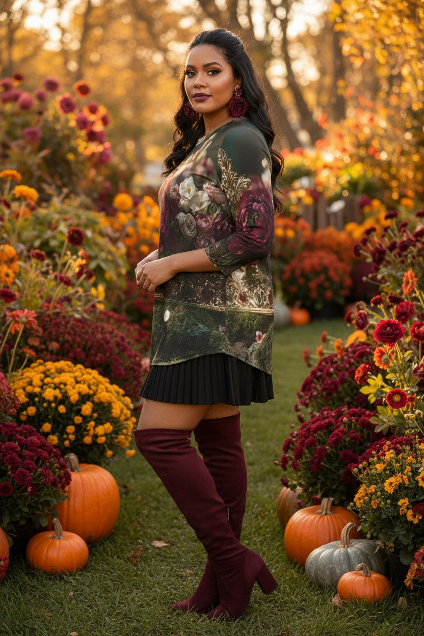 A woman stands outdoors in a garden surrounded by pumpkins and autumn flowers, wearing a dark green floral long-sleeve tunic dress with a black pleated skirt and burgundy over-the-knee boots.