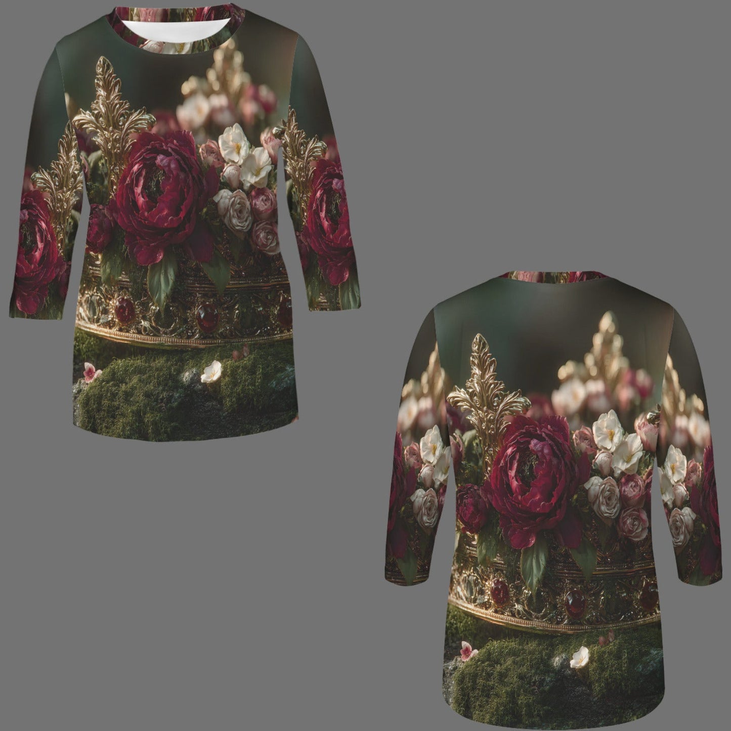 A long-sleeve tunic top shown from both front and back views, featuring an all-over vintage-style floral print with large burgundy roses, cream flowers, and dark green foliage on a muted dark background.