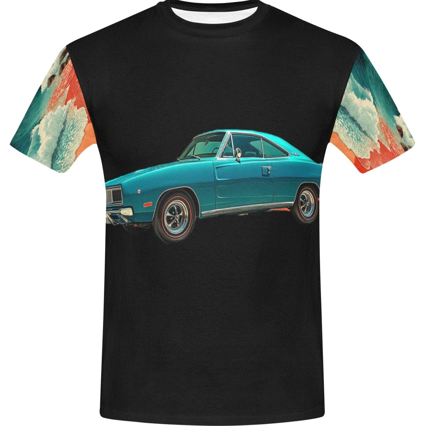 Black t-shirt with a blue car graphic on a white background