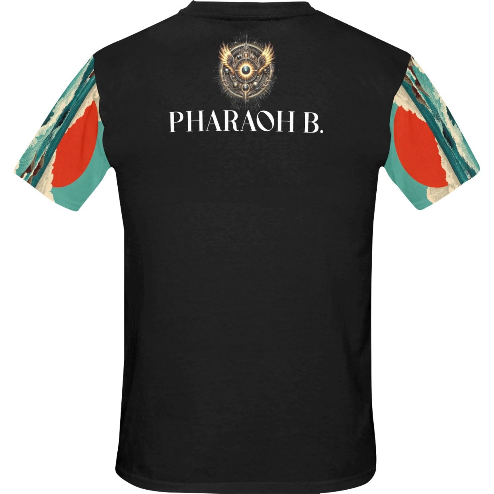 Black t-shirt with colorful sleeves and 'PHARAOH.B.' branding on a white background
