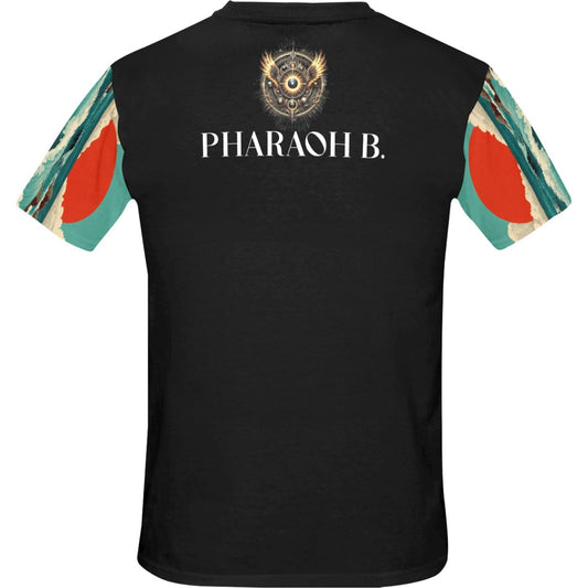 Black t-shirt with colorful sleeves and 'PHARAOH.B.' branding on a white background