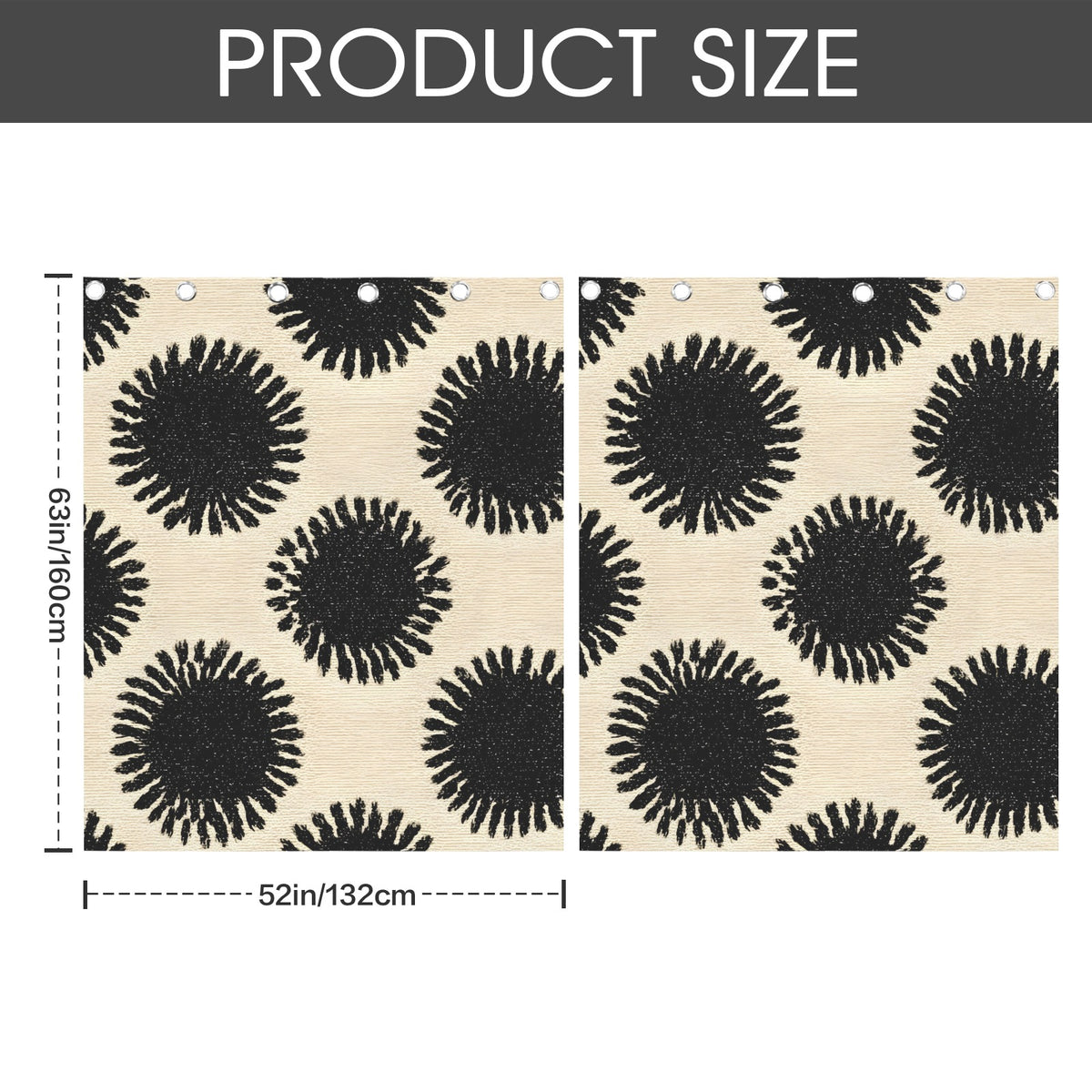 Product size diagram showing a fabric panel with a black circular sunburst pattern on a beige background, labeled 63cm by 52in (160cm by 132cm), under a dark gray header that reads 'PRODUCT SIZE'.