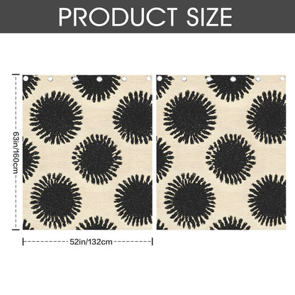 Product size diagram showing a fabric panel with a black circular sunburst pattern on a beige background, labeled 63cm by 52in (160cm by 132cm), under a dark gray header that reads 'PRODUCT SIZE'.