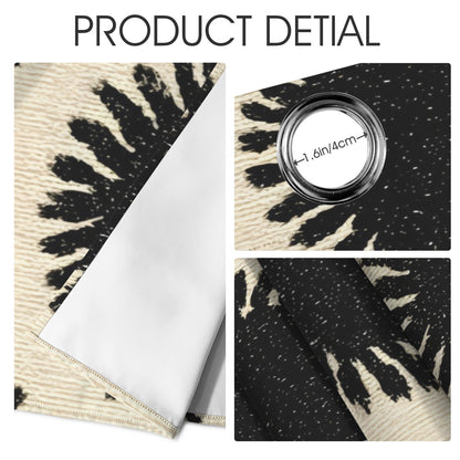 Product detail collage showing a black and beige patterned fabric with a white backing sheet, a close-up of the fabric texture and a circular measurement marker indicating 1.6in/4cm, and another folded view of the patterned material.