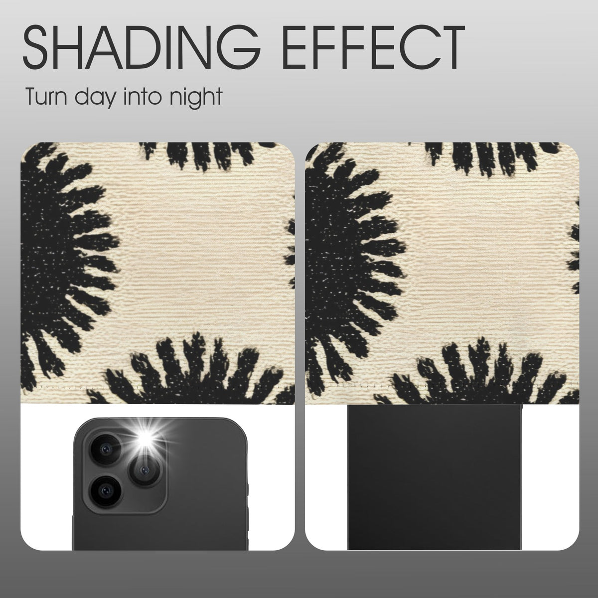 A promotional graphic showing a phone case with a beige and black sunburst pattern, labeled 'SHADING EFFECT' and 'Turn day into night,' with a phone camera cutout and a black shadowed section below.