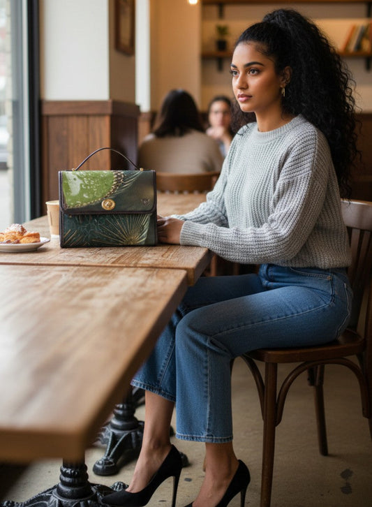 A woman with curly dark hair sits at a wooden table in a cafe, wearing a light gray ribbed sweater, blue jeans, and black heels. A green patterned handbag rests on the table next to her.