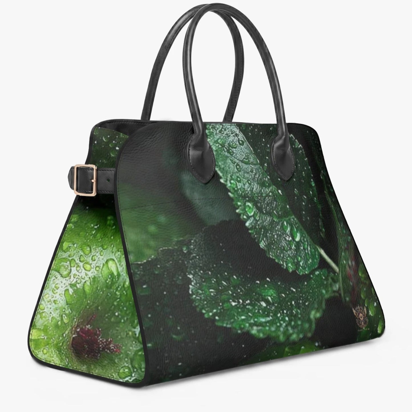 A structured handbag with a glossy green leaf print and black handles, shown on a light gray background.