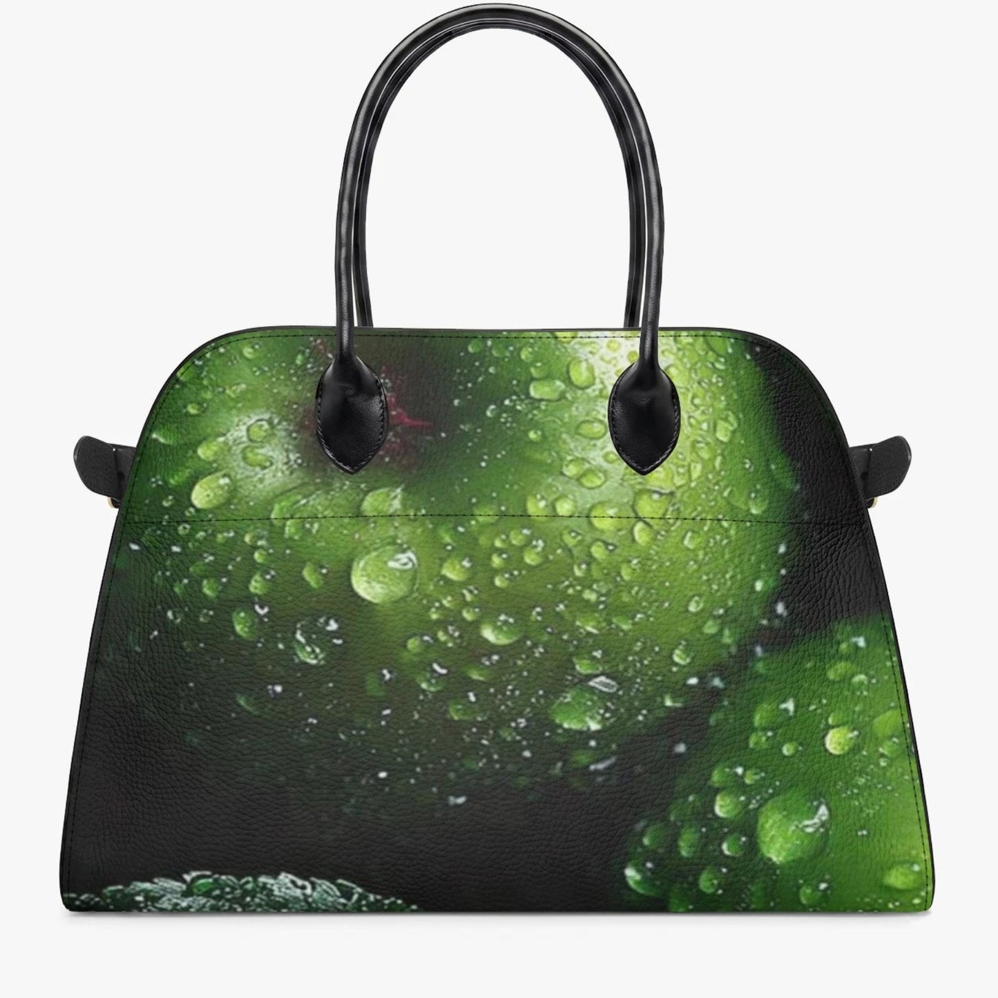 A structured handbag with a glossy green and black print featuring water droplets, complete with black double top handles, shown against a plain white background.