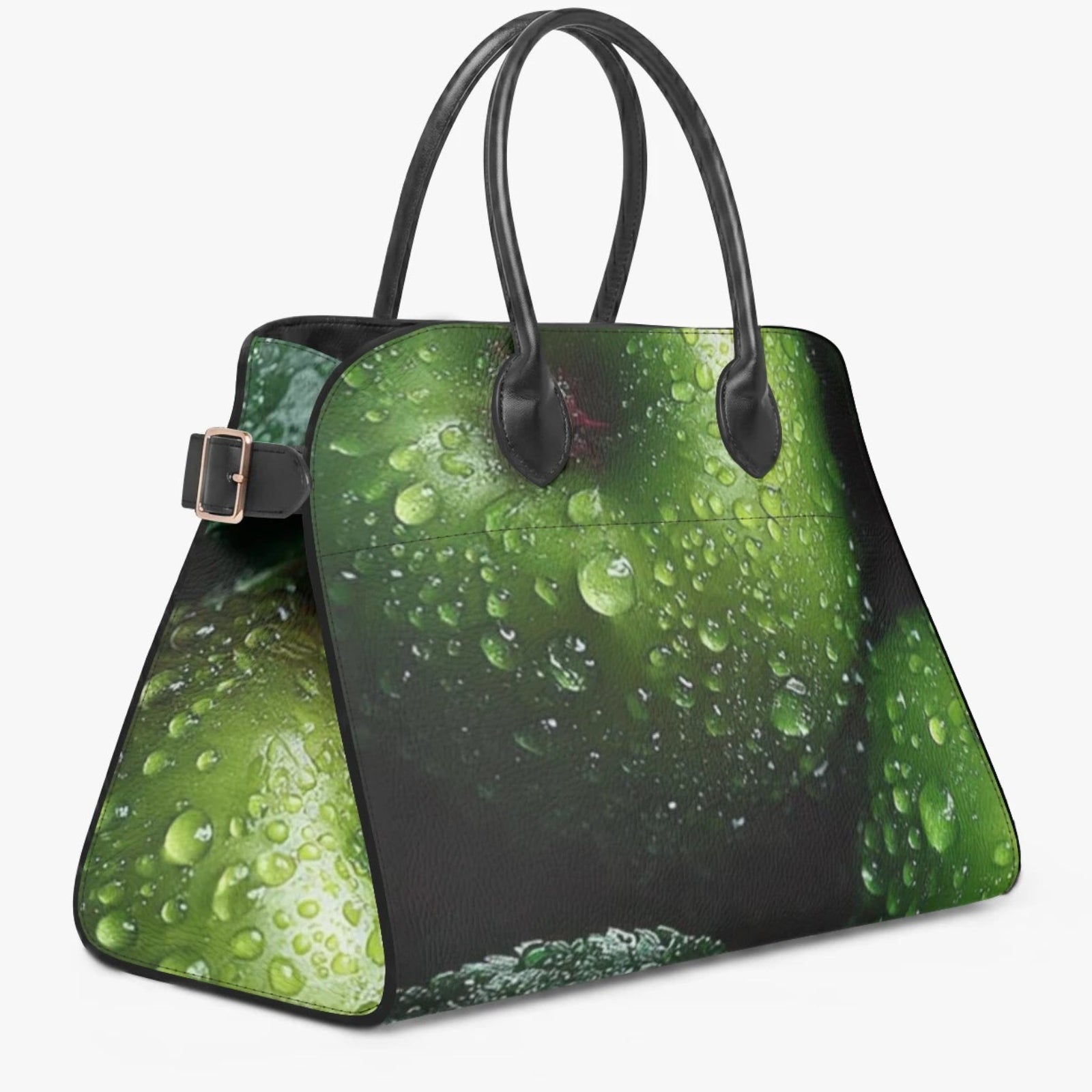 A structured handbag with a green water-droplet print on a black background, featuring black double shoulder straps and a silver-tone buckle detail on the side, set against a plain light gray background.