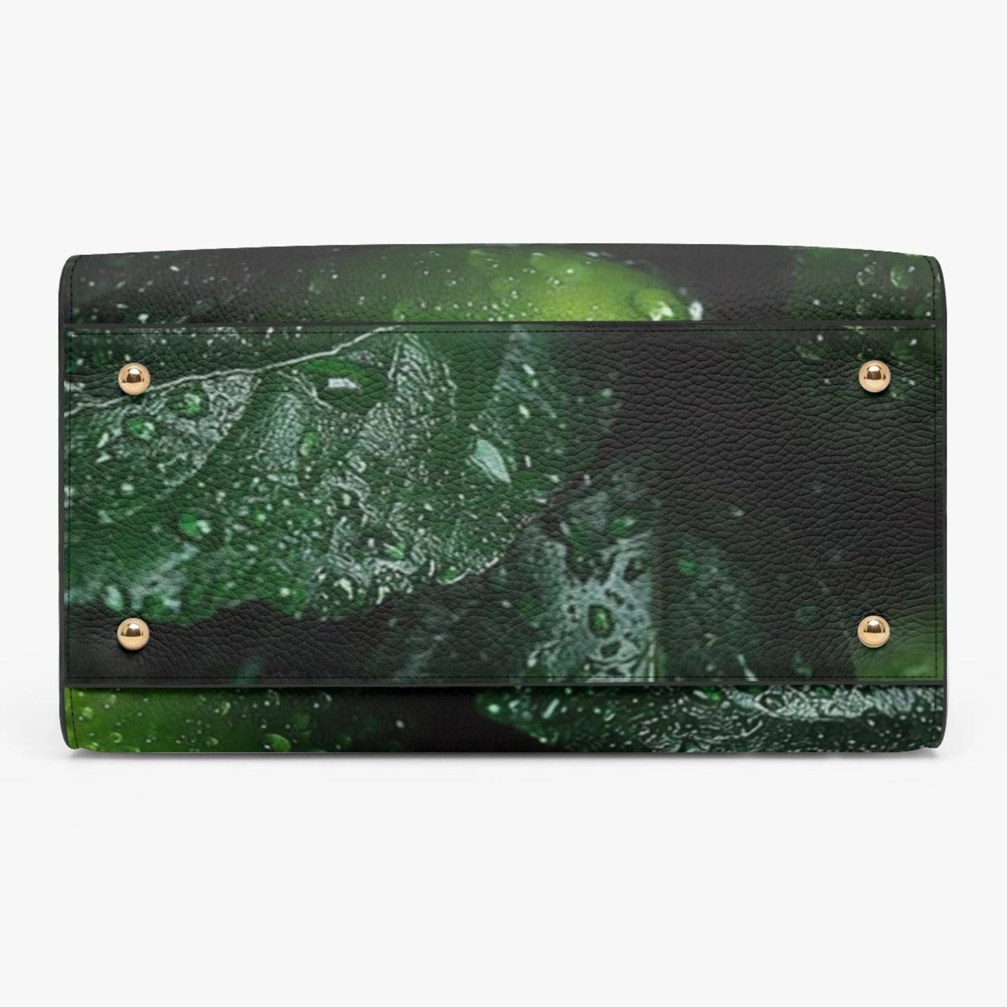 A green and black textured wallet with a water droplet leaf print and small gold-tone metal rivets, shown on a plain white background.