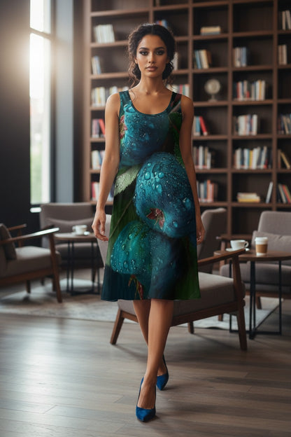 Woman in a blue dress standing in a room with bookshelves and furniture.
