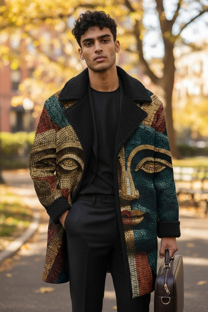 A man wearing a black crewneck t-shirt, black trousers, and a long open-front coat with a black sherpa collar. The coat features a mosaic print of stylized faces in green, gold, and red tones.