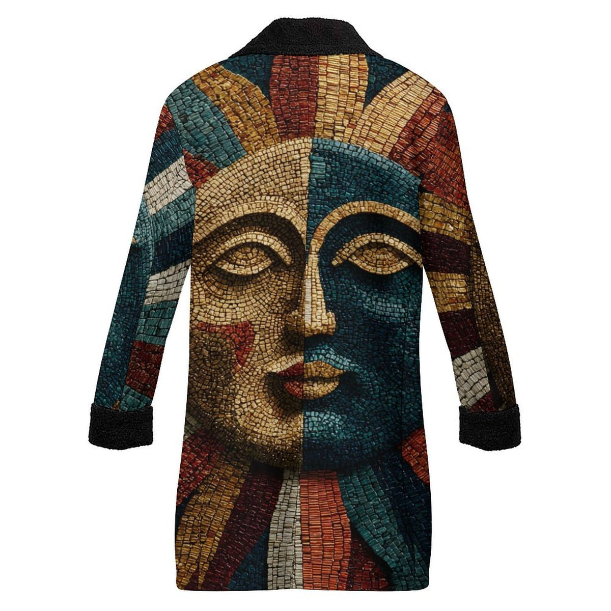 A long-sleeve coat with a large mosaic-style face design on the front, featuring blue, gold, red, and beige tones, set against a plain white background.