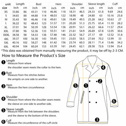 Measurement chart for a coat with labeled parts and size chart
