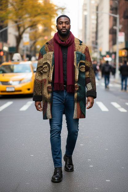 A man walking down a city street wearing a multicolor patterned coat, a deep red scarf, a black shirt, blue jeans, and black leather boots. A yellow taxi is visible in the background on a city street.