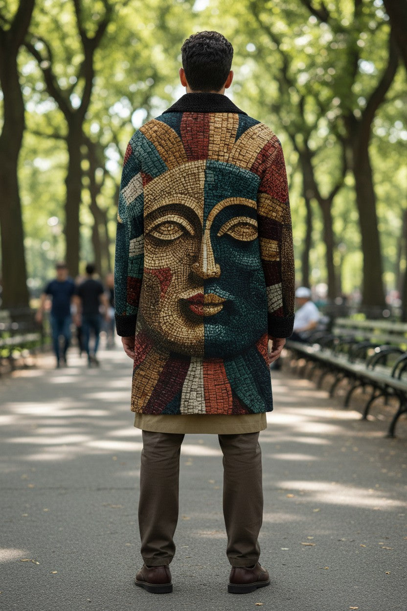 A man viewed from behind wearing a long coat with a large mosaic-style face design on the back, standing on a tree-lined path in a park.