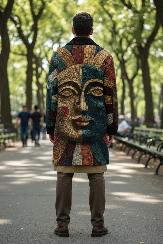 A man viewed from behind wearing a long coat with a large mosaic-style face design on the back, standing on a tree-lined path in a park.