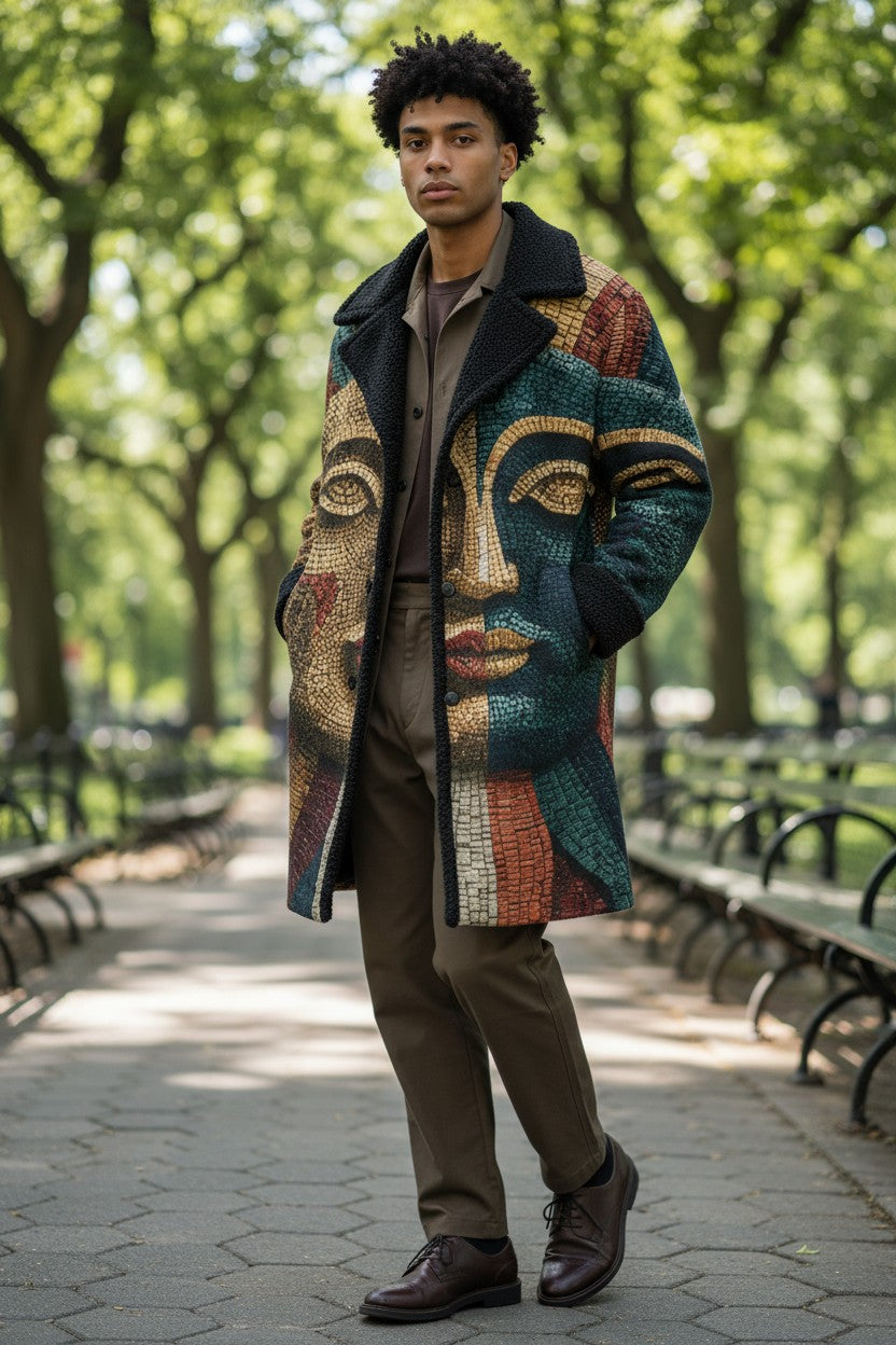 A man wearing a long, colorful mosaic-patterned coat with a face design, styled with brown trousers and brown leather shoes, standing in a park with trees and benches in the background.