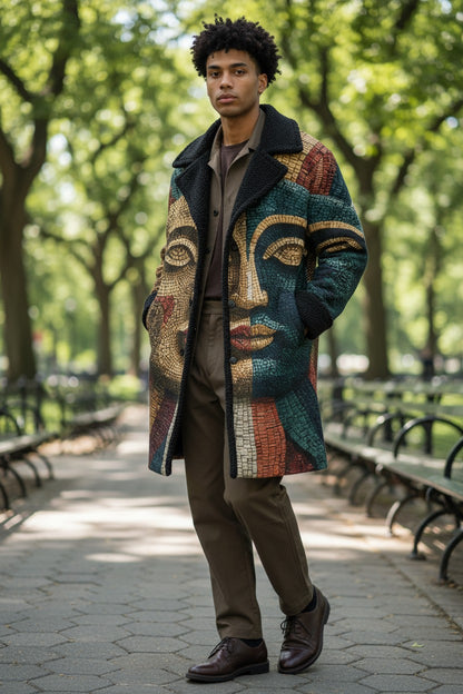 A man wearing a long, colorful mosaic-patterned coat with a face design, styled with brown trousers and brown leather shoes, standing in a park with trees and benches in the background.