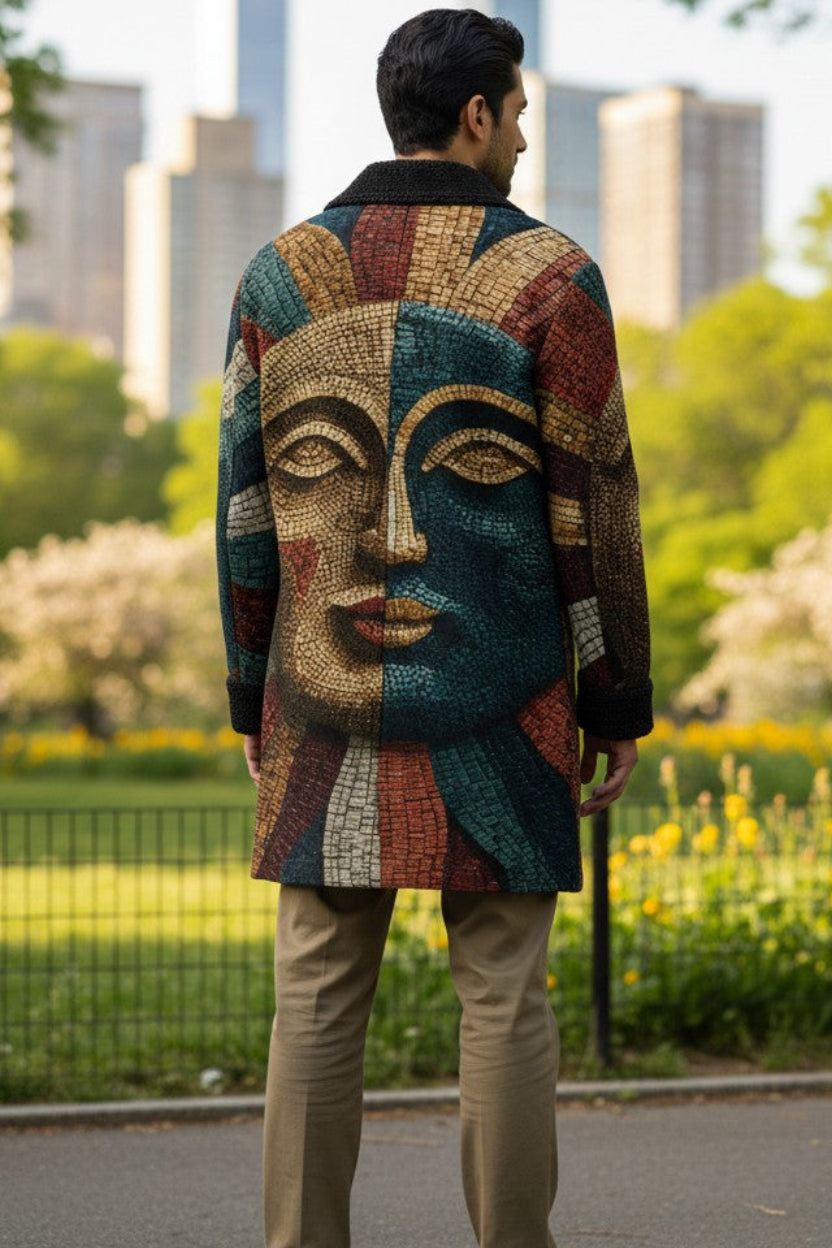 A man viewed from behind wearing a long, multicolored patchwork coat with a large face design, khaki pants, and brown shoes, standing in a park with city buildings in the background.