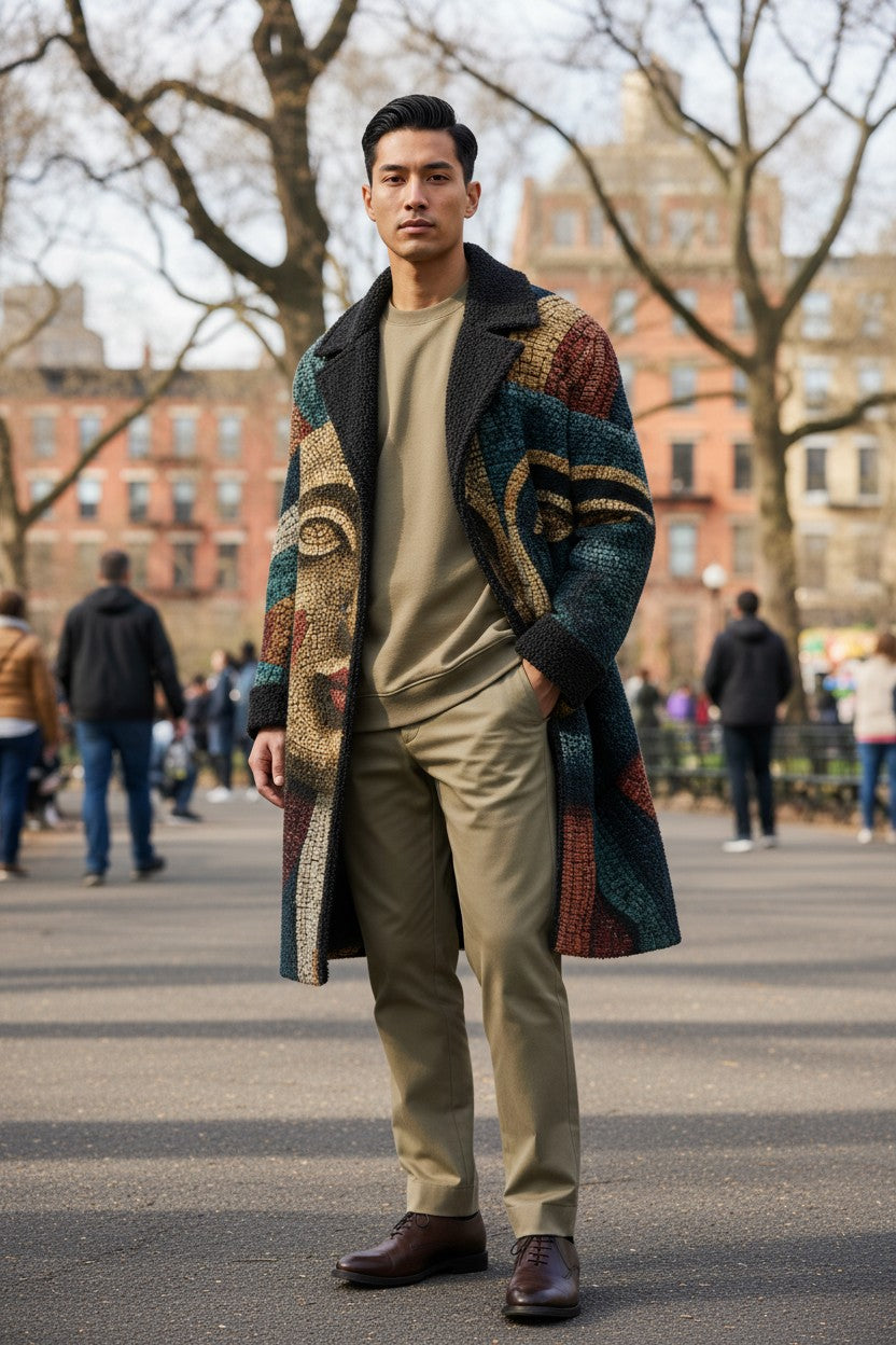 A man stands in an outdoor urban park setting wearing a long, multicolored patterned coat over a beige crewneck sweater and beige trousers, paired with dark brown leather shoes.