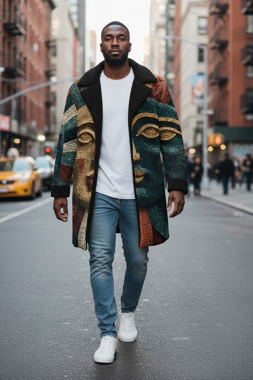 A man walking down a city street wearing a long open-front coat with a large face motif in green, brown, gold, and red tones over a white t-shirt, blue jeans, and white sneakers.