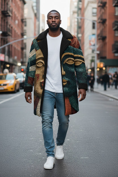 A man walking down a city street wearing a long open-front coat with a large face motif in green, brown, gold, and red tones over a white t-shirt, blue jeans, and white sneakers.