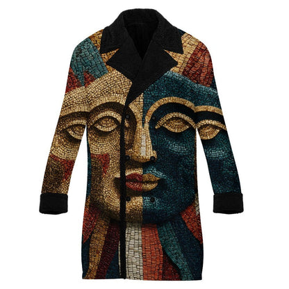 A long-sleeve open-front cardigan coat featuring a large mosaic-style face design in black, gold, teal, and rust red tones, with black collar, cuffs, and front placket, shown on a plain white background.
