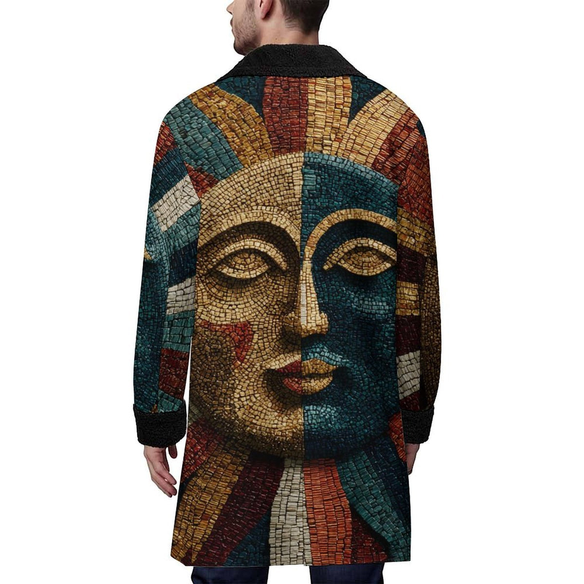 A man wearing a long-sleeve coat from the back, featuring a large mosaic-style face design in earthy tones of brown, gold, teal, and red on a white background.