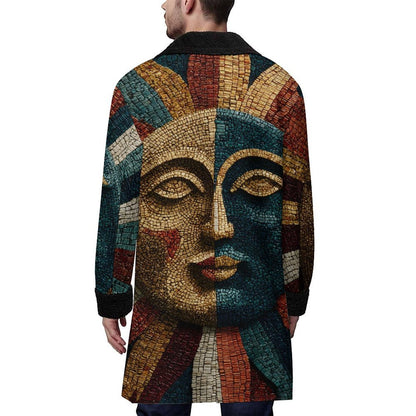 A man wearing a long-sleeve coat from the back, featuring a large mosaic-style face design in earthy tones of brown, gold, teal, and red on a white background.