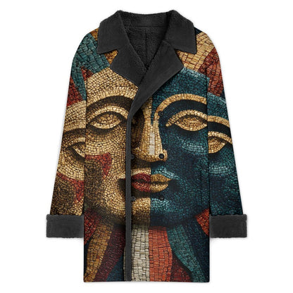 A long-sleeve zip-front jacket with a black fleece collar and cuffs, featuring a detailed mosaic print of a face made of small geometric tiles in blue, gold, red, and beige.