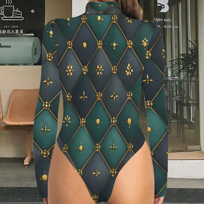 A woman viewed from behind wearing a long-sleeve high-neck bodysuit with a green and dark gray geometric diamond pattern outlined in gold. The bodysuit features a high-cut leg and a small front cutout at the crotch.