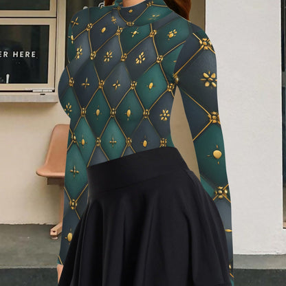 A woman wearing a long-sleeve mock-neck top with a dark teal and black diamond quilted pattern accented with gold lines and motifs, paired with a black pleated mini skirt, standing in front of a building.