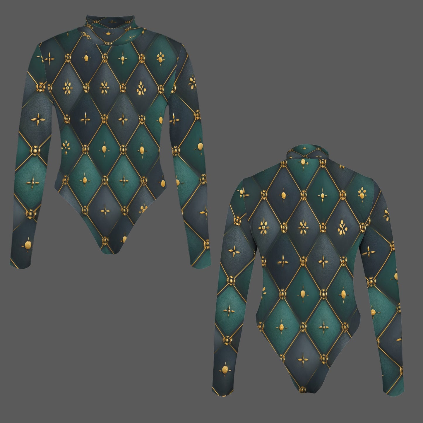 A long-sleeve mock-neck bodysuit shown from both front and back views on a solid dark gray background. The bodysuit features a dark teal and navy blue diamond pattern with gold lines and small gold floral motifs.