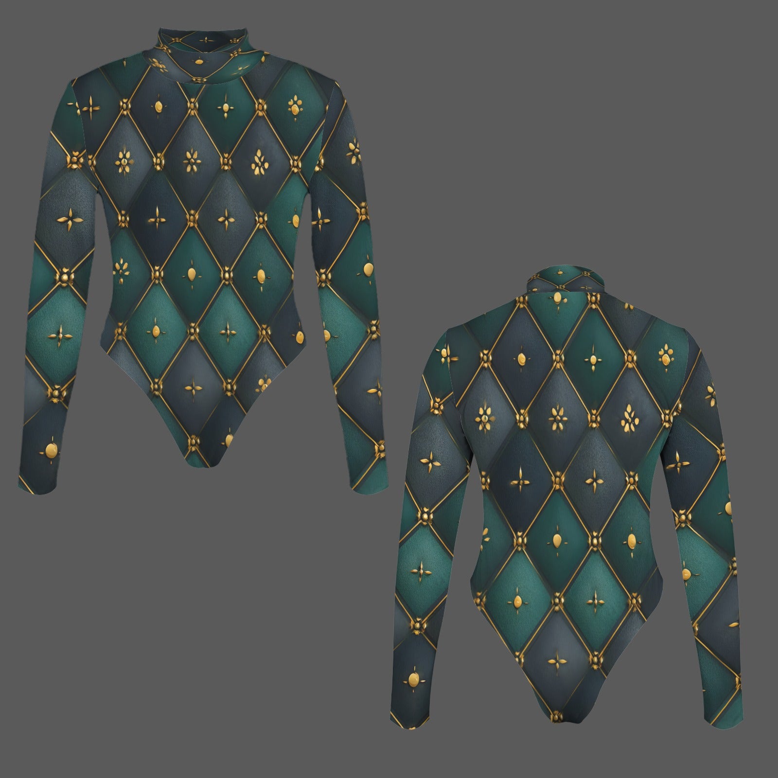 A long-sleeve mock-neck bodysuit shown from both front and back views on a solid dark gray background. The bodysuit features a dark teal and navy blue diamond pattern with gold lines and small gold floral motifs.