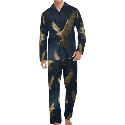A man modeling a two-piece long-sleeve pajama set with a dark navy blue background and a repeating pattern of golden-brown flying eagles, shown against a plain white background.