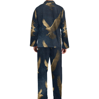 A man viewed from the back wearing a matching two-piece pajama set with a dark navy blue background and a repeating pattern of golden-brown flying eagles, set against a plain white background.