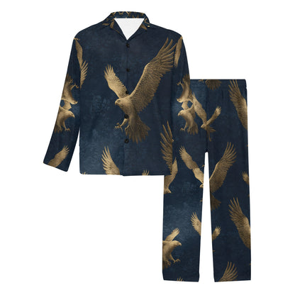 A two-piece pajama set featuring a long-sleeve button-up shirt and matching pants in dark navy blue with a repeating print of golden-brown flying eagles, shown on a plain white background.