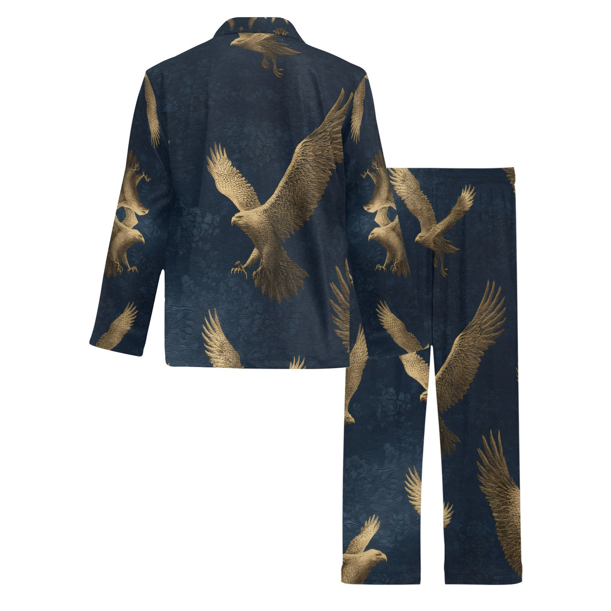 A two-piece pajama set featuring a long-sleeve top and matching pants in dark navy blue with a repeating pattern of golden-brown flying eagles, shown on a plain white background.