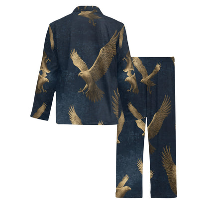 A two-piece pajama set featuring a long-sleeve top and matching pants in dark navy blue with a repeating pattern of golden-brown flying eagles, shown on a plain white background.