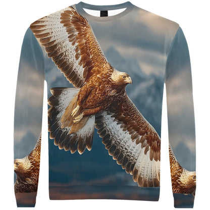 A crewneck sweatshirt featuring a full-body photographic print of a golden eagle in flight against a cloudy sky, with additional eagle details visible on the lower sides.