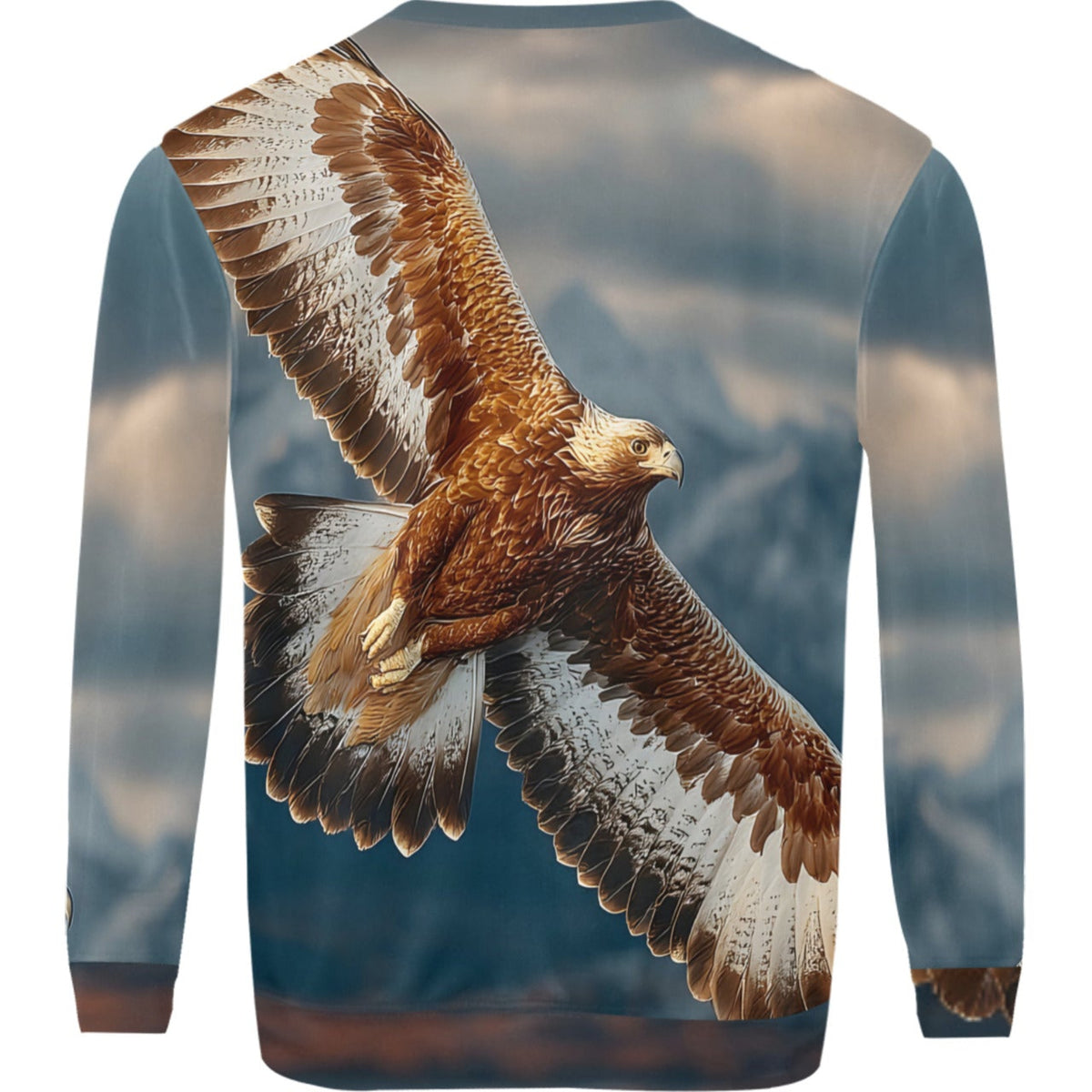 A long-sleeve crewneck sweatshirt featuring a large, detailed graphic print of a golden eagle in flight over a cloudy blue-gray sky, shown on a plain white background.