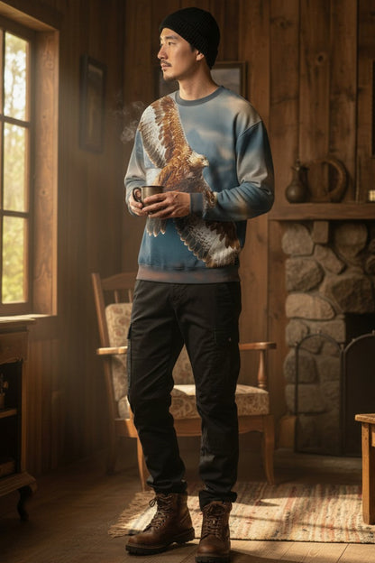A man wearing a blue crewneck sweatshirt with a detailed eagle graphic, black pants, and brown boots stands in a rustic cabin interior near a window and fireplace.