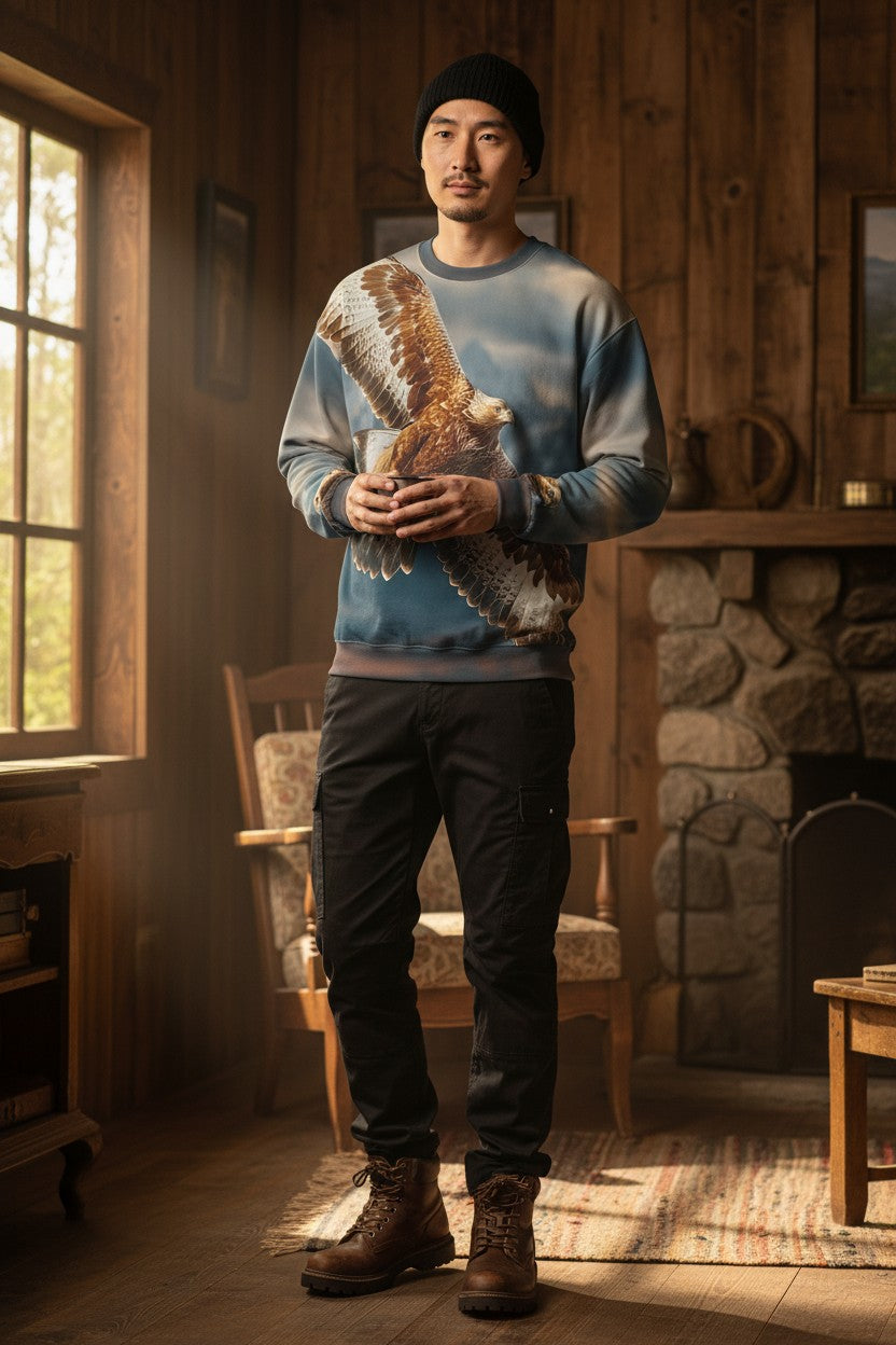 A man wearing a blue crewneck sweatshirt with a large bald eagle graphic, black cargo pants, and brown boots, standing in a rustic cabin with a stone fireplace and warm wood walls.
