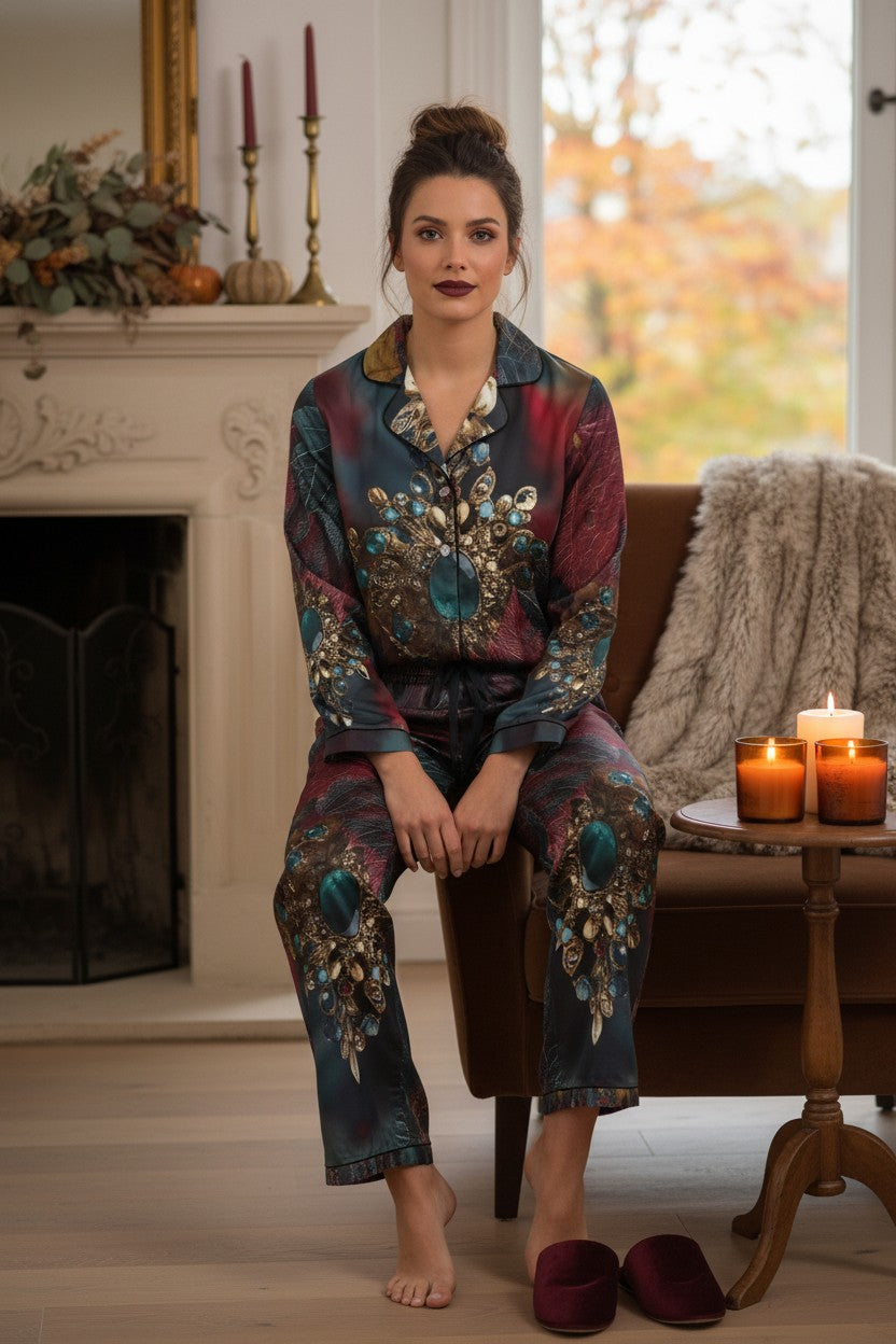 A woman sits barefoot in a brown armchair in a cozy living room, wearing a matching long-sleeve pajama set with a dark teal, burgundy, and gold floral pattern. A pair of burgundy slippers rests on the floor beside her, with a side table holding lit candles nearby.