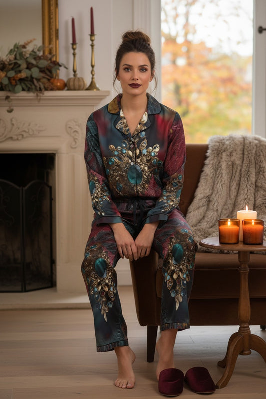 A woman sits barefoot in a brown armchair in a cozy living room, wearing a matching long-sleeve pajama set with a dark teal, burgundy, and gold floral pattern. A pair of burgundy slippers rests on the floor beside her, with a side table holding lit candles nearby.